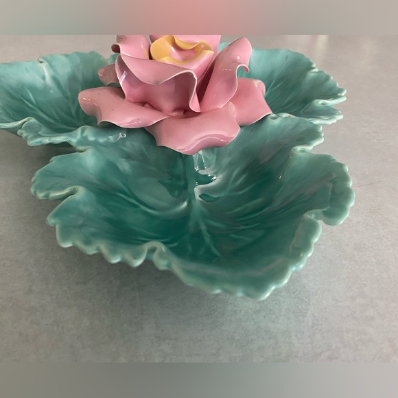 Vintage Enchanto candy dish turquoise leaves (cabbage?) and pink rose - Picture 5 of 16